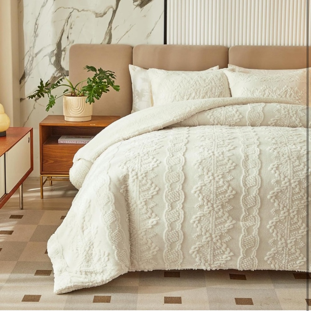 Flannel Fleece Sherpa Comforter Set Queen Size, Down Alternative Comforter White